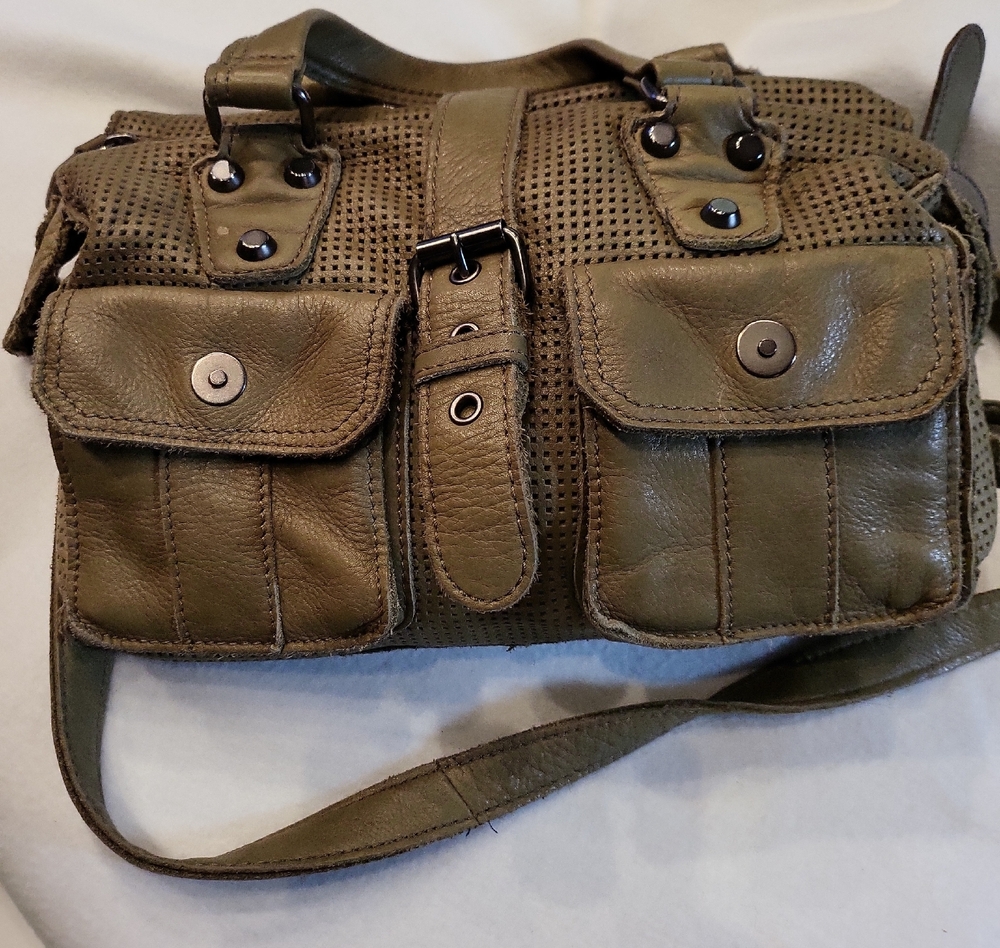 Linea Pelle Olive Green Perforated Leather Convertible Satchel